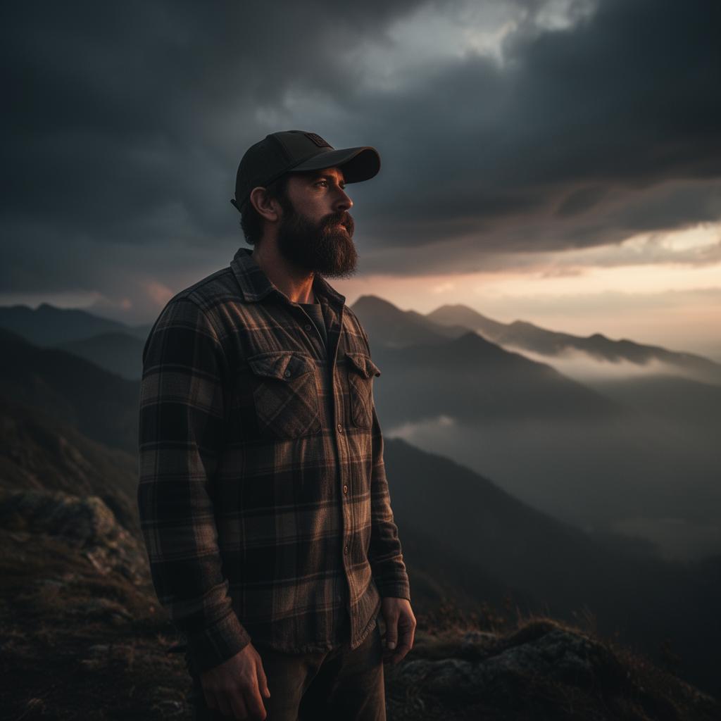 Outdoorsman at dawn on a mountain ridge